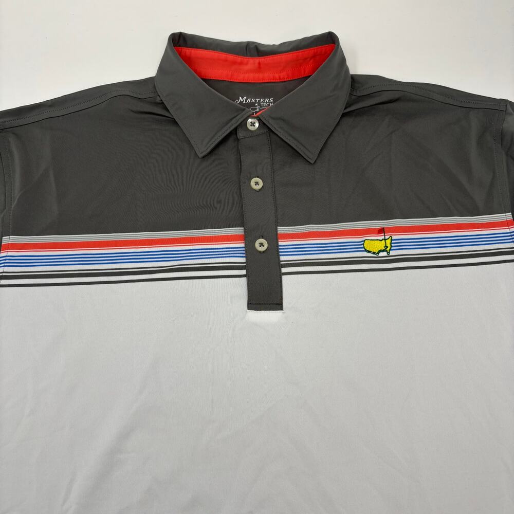 Masters Tech Mens Large‎ White Gray Striped Short Sleeve Golf Polo Shirt